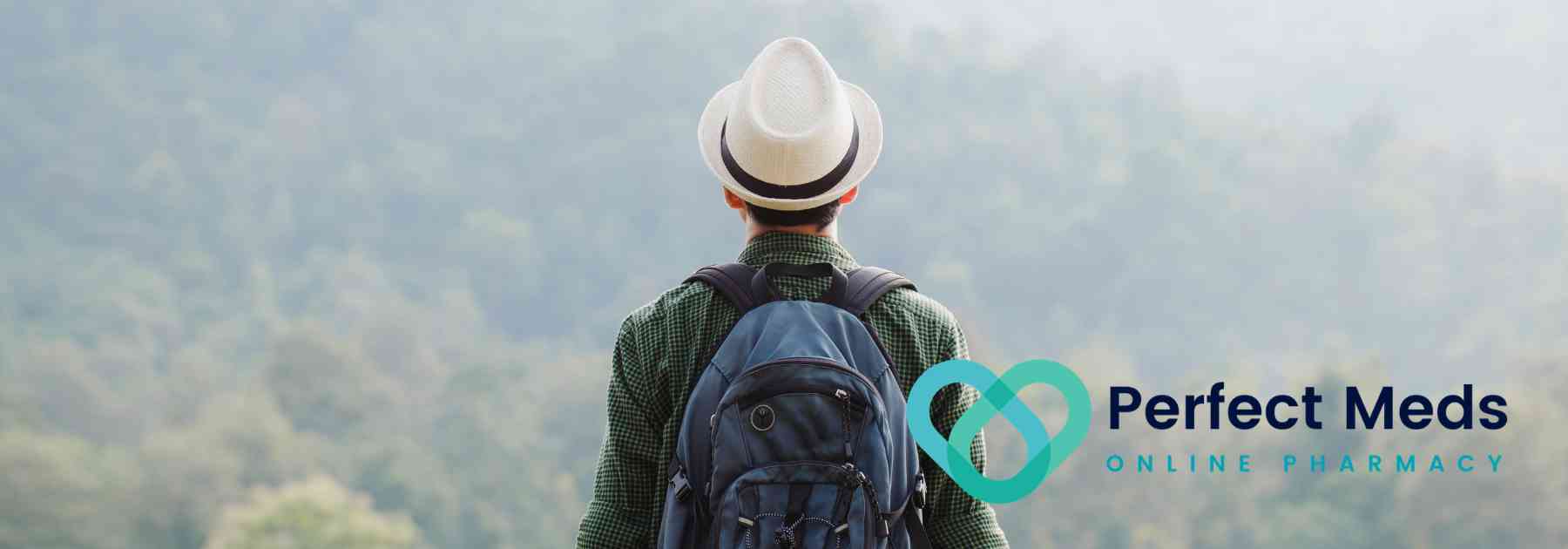male traveller wearing sun hat and backpack looking at view of forests