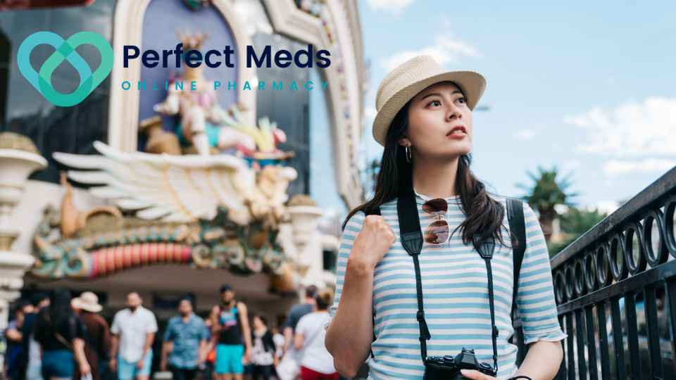 young woman wearing striped shirt and hat at tourist attraction